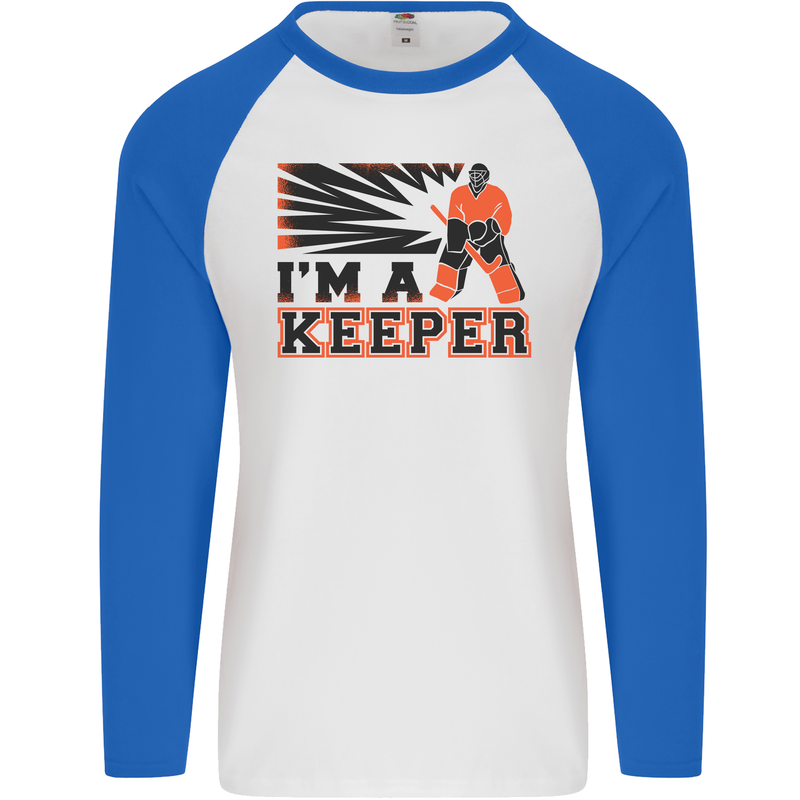 Hockey I'm a Keeper Funny Ice Street Mens L/S Baseball T-Shirt White/Royal Blue