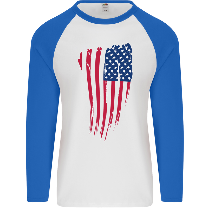 USA Stars & Stripes Flag July 4th America Mens L/S Baseball T-Shirt White/Royal Blue