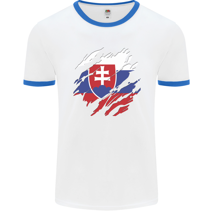 Torn Slovakia Flag Slovakia Day Football Mens Ringer T-Shirt White/Royal Blue