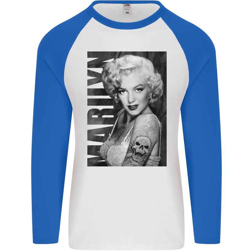 Marilyn Tattoo Mens L/S Baseball T-Shirt White/Royal Blue