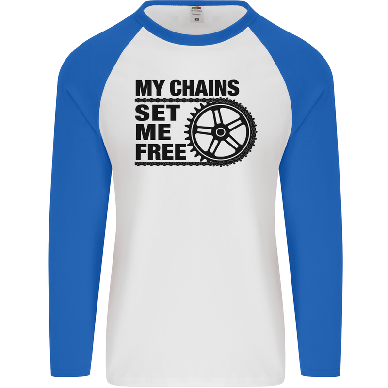 My Chains Set Me Free Cycling Cyclist Bike Mens L/S Baseball T-Shirt White/Royal Blue