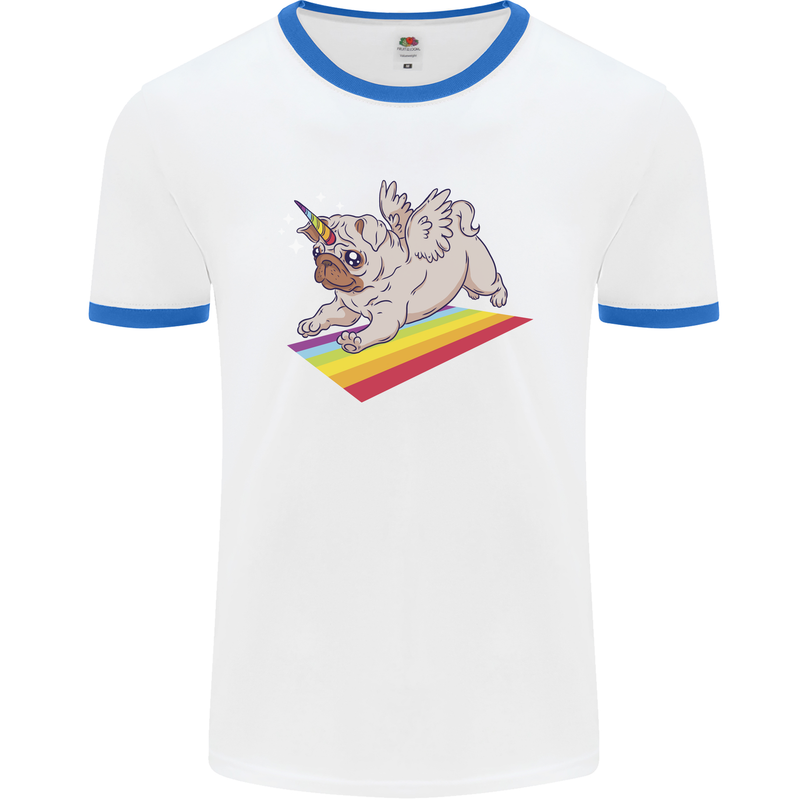 A Unicorn Pug Dog LGBT Mens Ringer T-Shirt White/Royal Blue