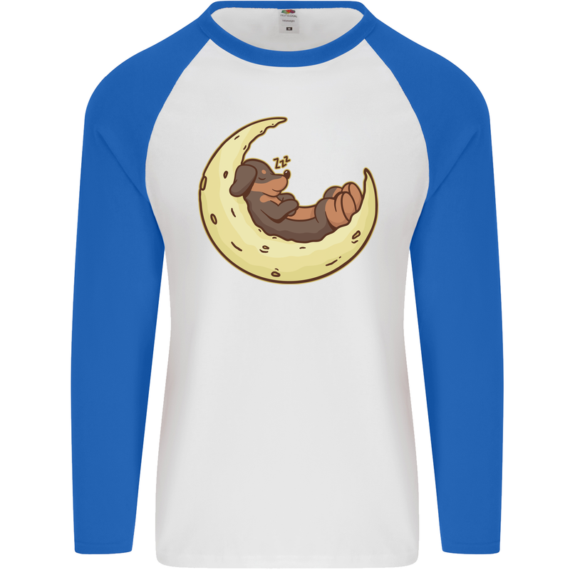 Dachshund Dog Moon Mens L/S Baseball T-Shirt White/Royal Blue