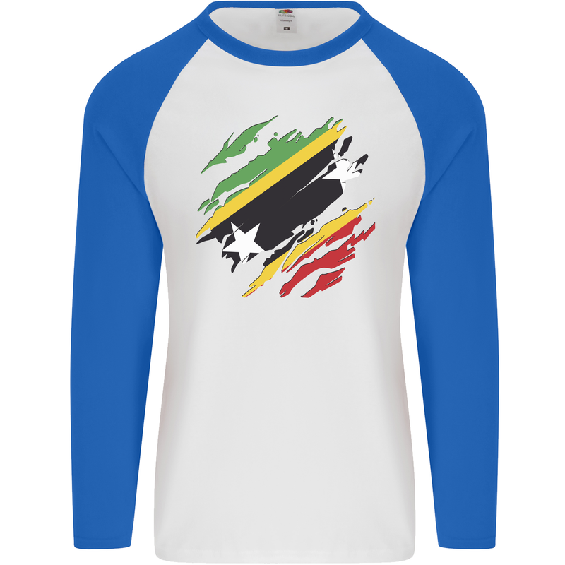 Torn Saint Kitts and Nevis Flag Day Football Mens L/S Baseball T-Shirt White/Royal Blue