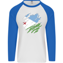 Torn Djibouti Flag Djiboutians Day Football Mens L/S Baseball T-Shirt White/Royal Blue
