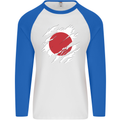 Torn Japan Flag Japanese Day Football Mens L/S Baseball T-Shirt White/Royal Blue