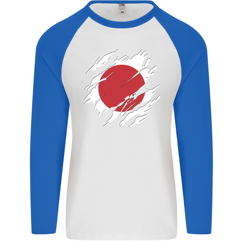 Torn Japan Flag Japanese Day Football Mens L/S Baseball T-Shirt White/Royal Blue