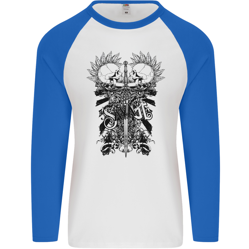 Savage Two Punk Skulls Biker Motorbike Mens L/S Baseball T-Shirt White/Royal Blue