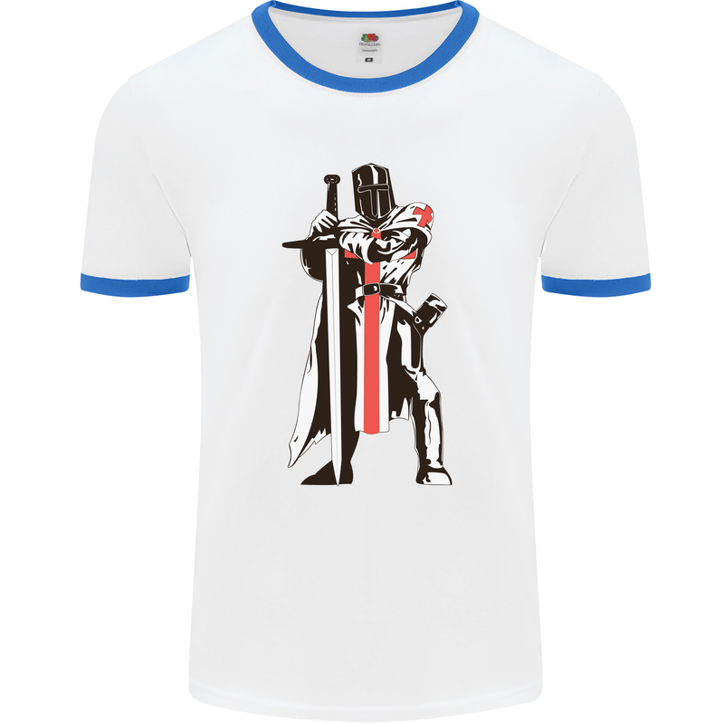 St Georges Day Knights Templar Sword Mens Ringer T-Shirt White/Royal Blue