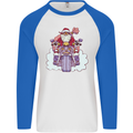 Biker Santa Christmas Motorcycle Motorbike Mens L/S Baseball T-Shirt White/Royal Blue