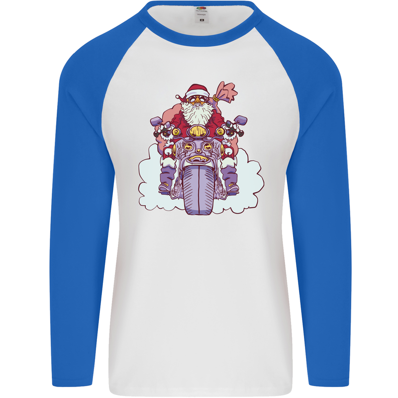 Biker Santa Christmas Motorcycle Motorbike Mens L/S Baseball T-Shirt White/Royal Blue