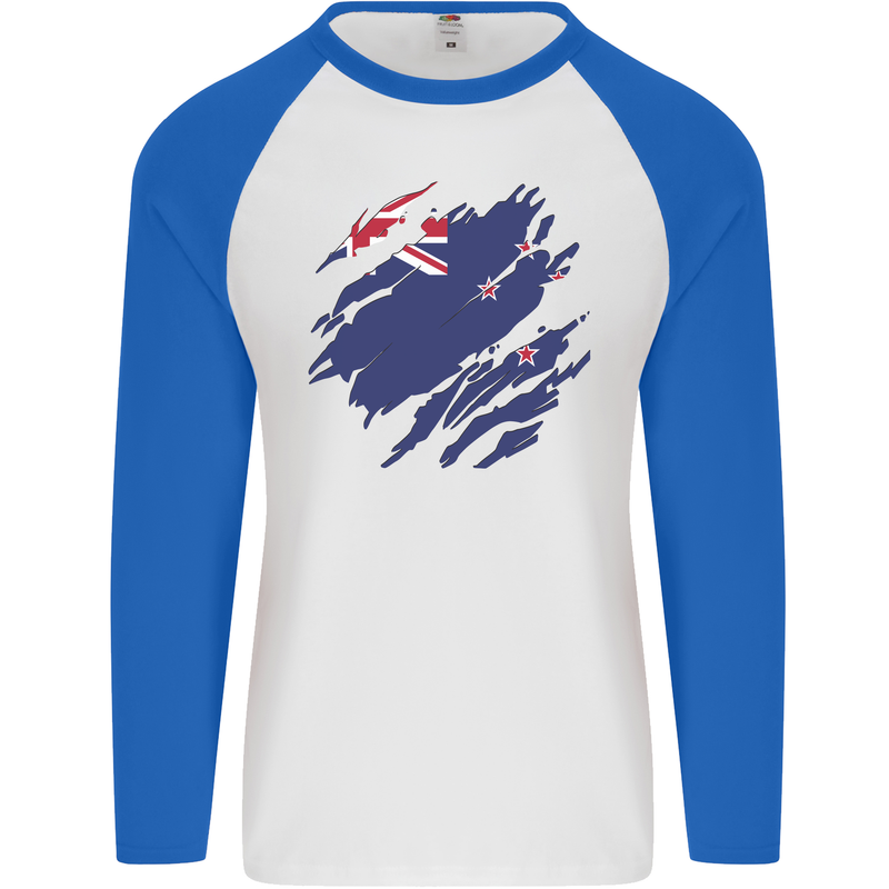 Torn New Zealand Flag Zealander Kiwi Day Mens L/S Baseball T-Shirt White/Royal Blue