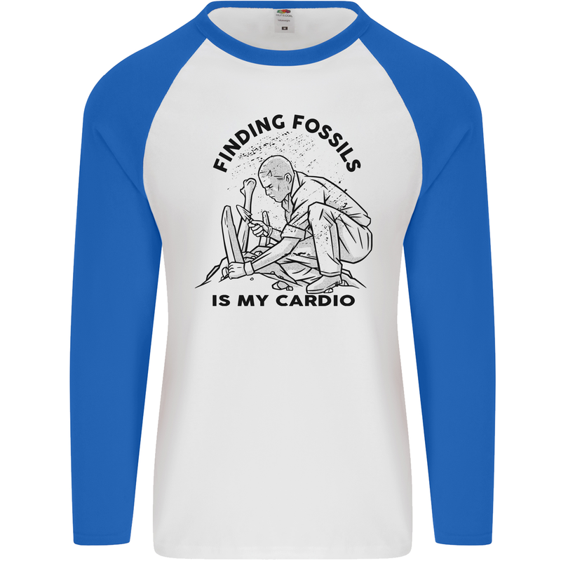 Funny Palaeontology Finding Fossils is My Cardio Mens L/S Baseball T-Shirt White/Royal Blue