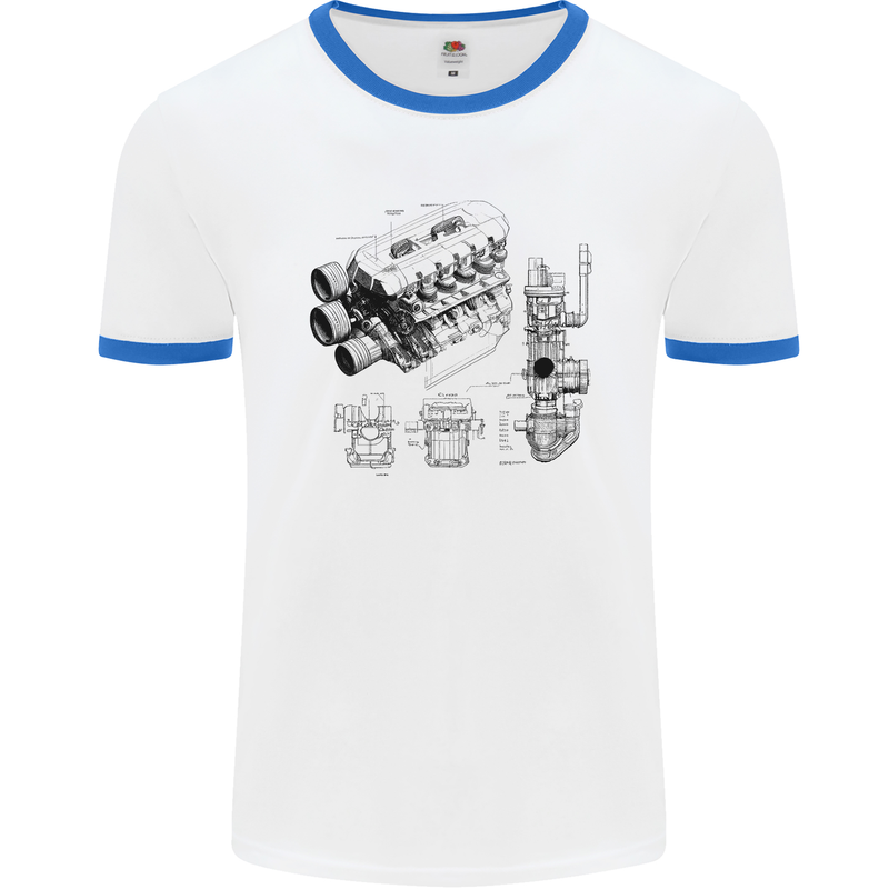 Car Engine Blueprints Petrolhead Mens Ringer T-Shirt White/Royal Blue