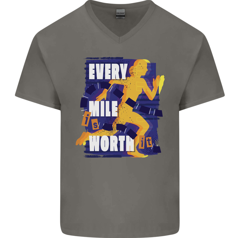 Running Every Mile Cross Country Marathon Runner Mens V-Neck Cotton T-Shirt Charcoal