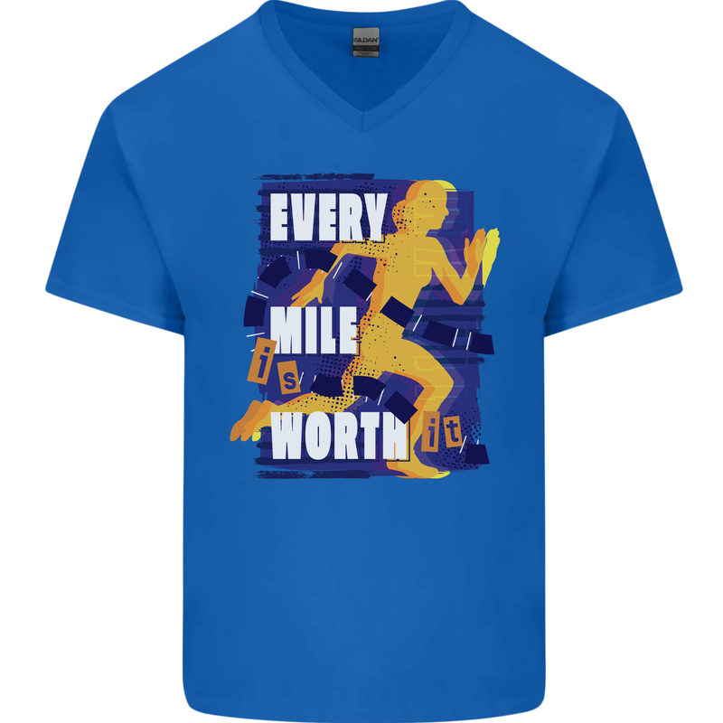 Running Every Mile Cross Country Marathon Runner Mens V-Neck Cotton T-Shirt Royal Blue