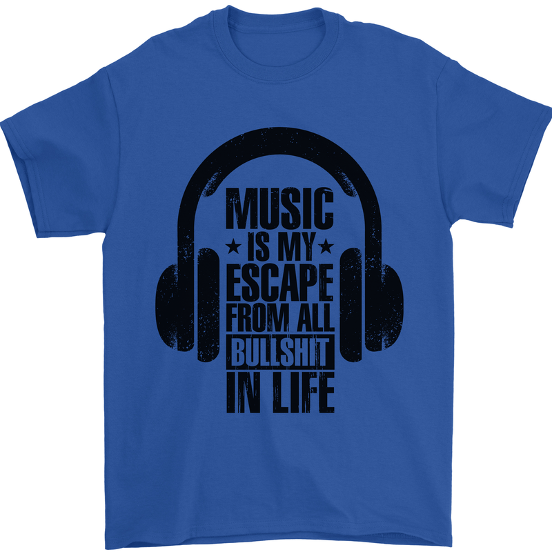 Music Is My Escape From B/S in Life Rock Mens T-Shirt 100% Cotton Royal Blue