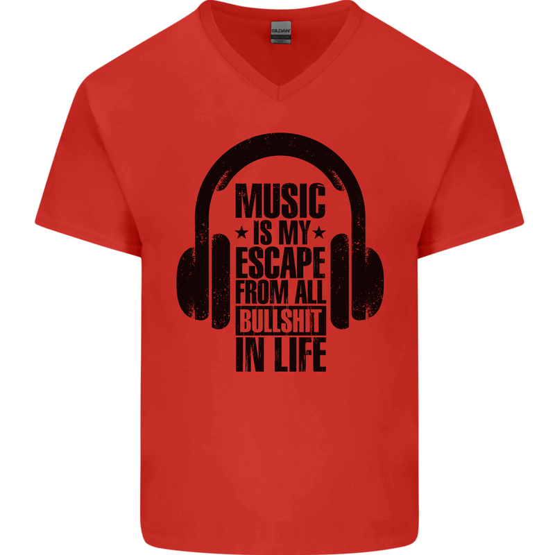 Music Is My Escape From B/S in Life Rock Mens V-Neck Cotton T-Shirt Red