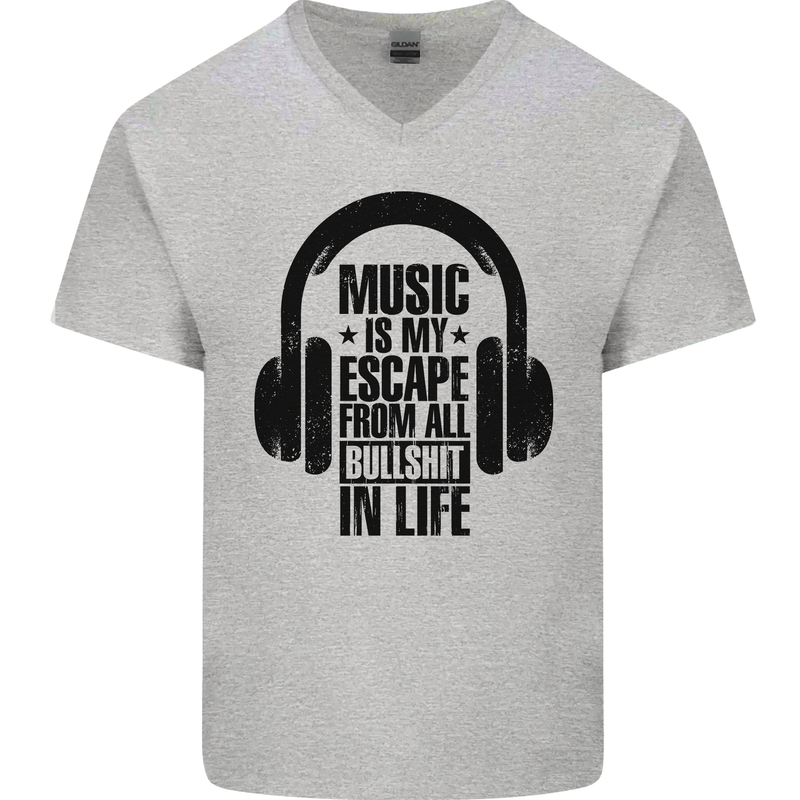 Music Is My Escape From B/S in Life Rock Mens V-Neck Cotton T-Shirt Sports Grey