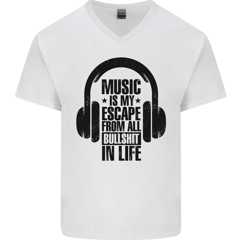 Music Is My Escape From B/S in Life Rock Mens V-Neck Cotton T-Shirt White