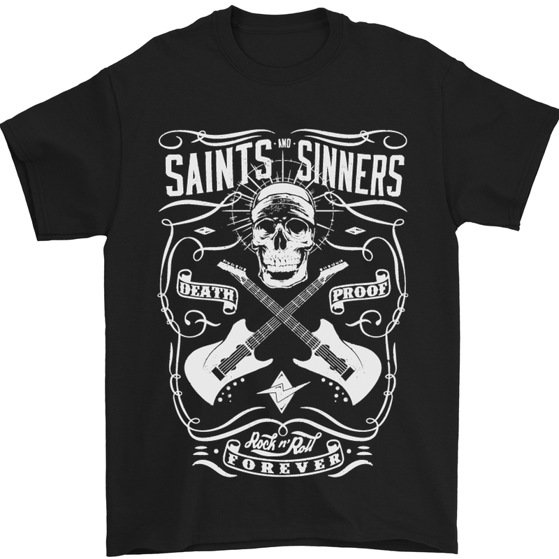 a black shirt with a skull and guitars on it