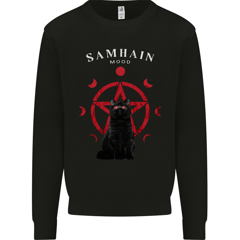 Samhain Moon Satanic Cat Halloween Mens Sweatshirt Jumper Black