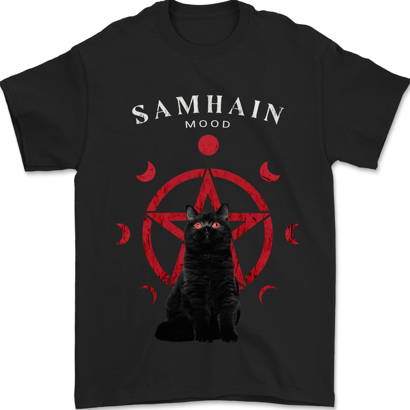 Samhain Moon Satanic Cat Halloween Mens T-Shirt 100% Cotton Black