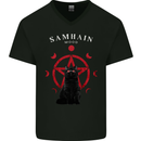 Samhain Moon Satanic Cat Halloween Mens V-Neck Cotton T-Shirt Black