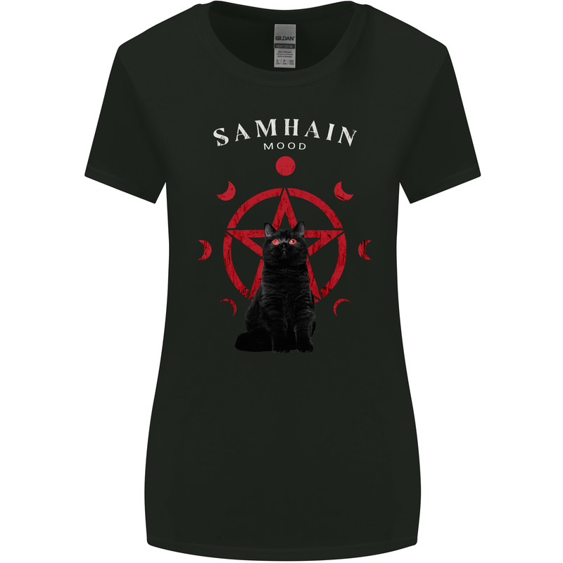 Samhain Moon Satanic Cat Halloween Womens Wider Cut T-Shirt Black
