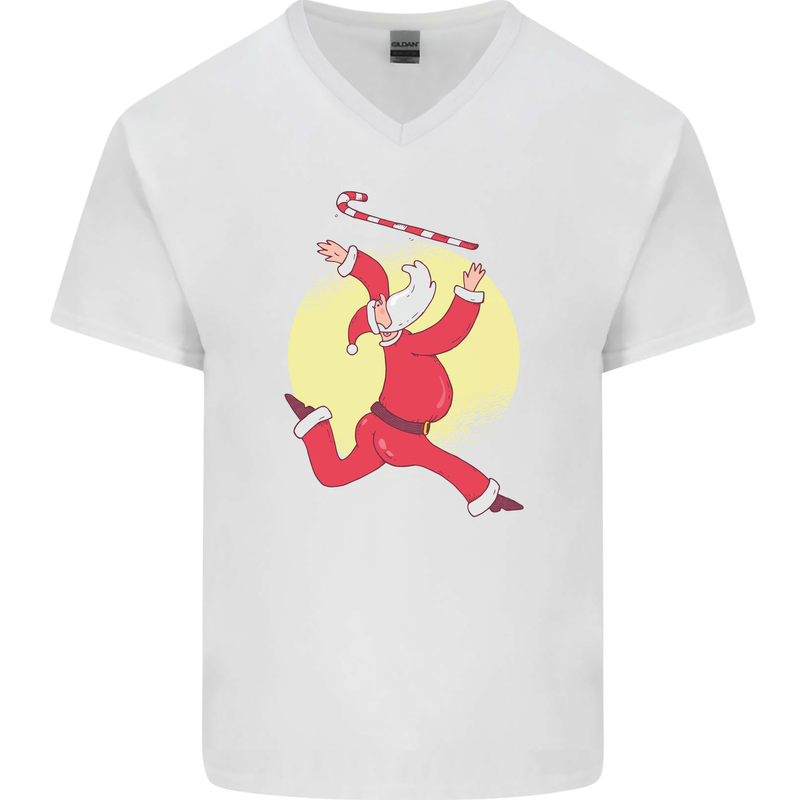 Santa Baton Twirling Christmas Gymnastics Xmas Mens V-Neck Cotton T-Shirt White