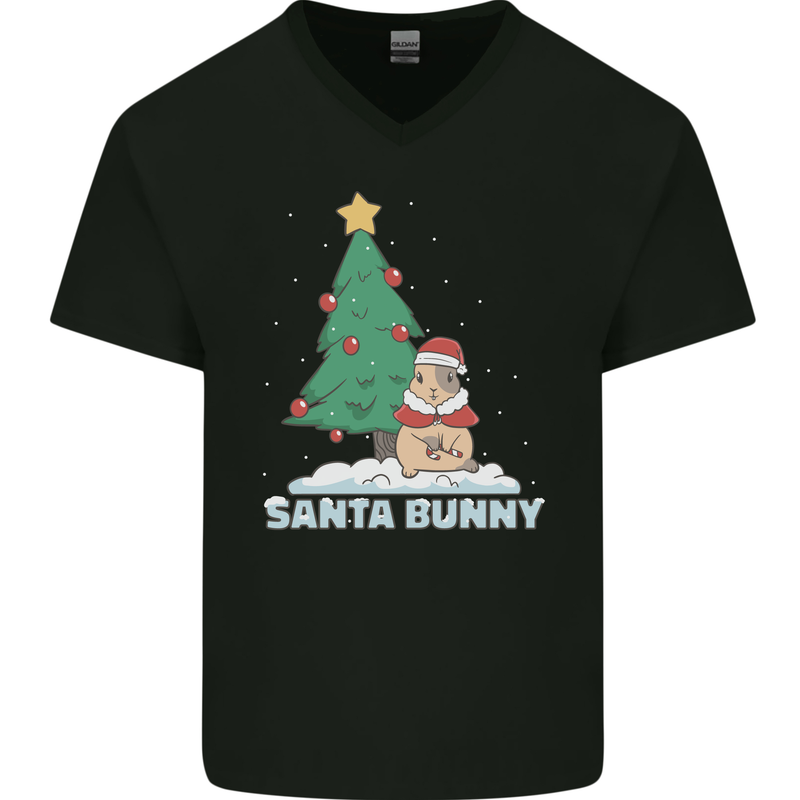 Santa Bunny Rabbit Christmas Xmas Mens V-Neck Cotton T-Shirt Black