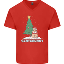 Santa Bunny Rabbit Christmas Xmas Mens V-Neck Cotton T-Shirt Red