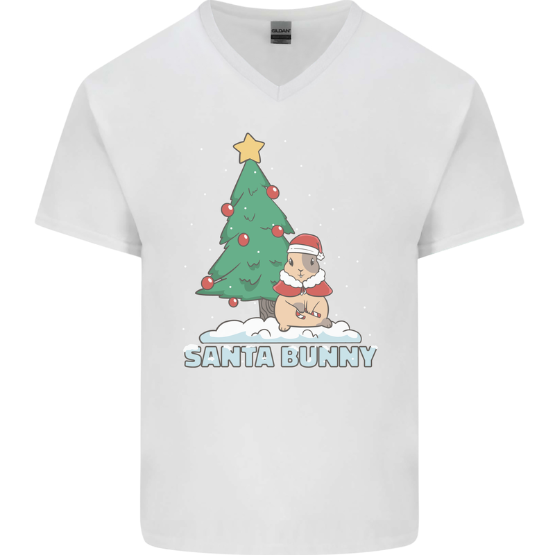 Santa Bunny Rabbit Christmas Xmas Mens V-Neck Cotton T-Shirt White