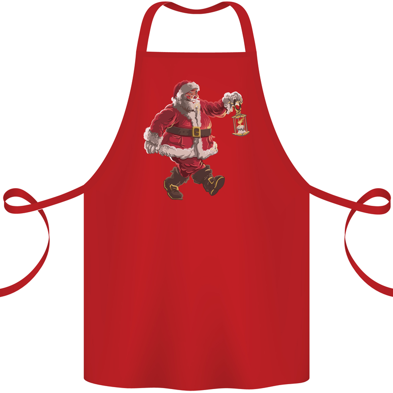 Santa Carrying a Christmas Lantern Xmas Cotton Apron 100% Organic Red
