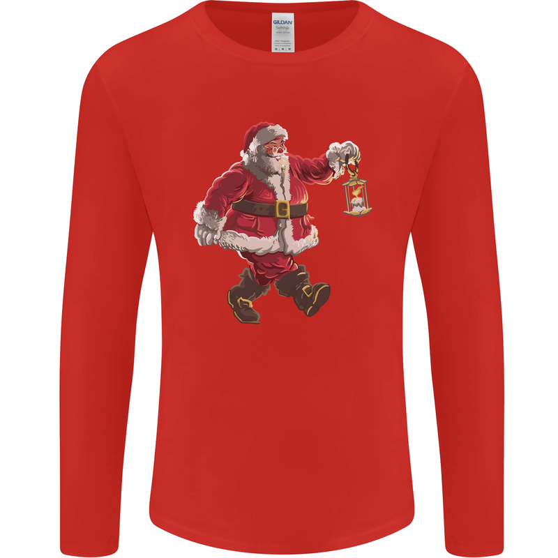 Santa Carrying a Christmas Lantern Xmas Mens Long Sleeve T-Shirt Red