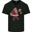 Santa Carrying a Christmas Lantern Xmas Mens V-Neck Cotton T-Shirt Black