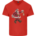 Santa Carrying a Christmas Lantern Xmas Mens V-Neck Cotton T-Shirt Red