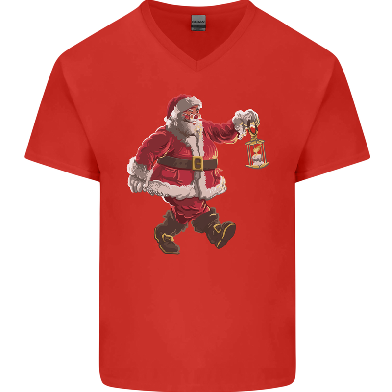 Santa Carrying a Christmas Lantern Xmas Mens V-Neck Cotton T-Shirt Red