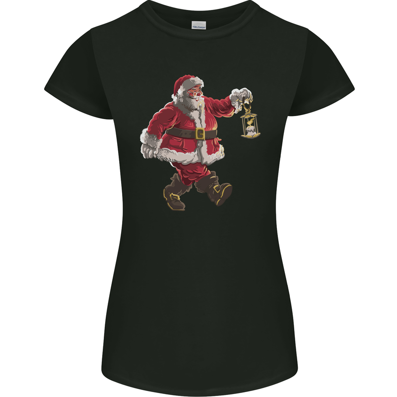 Santa Carrying a Christmas Lantern Xmas Womens Petite Cut T-Shirt Black