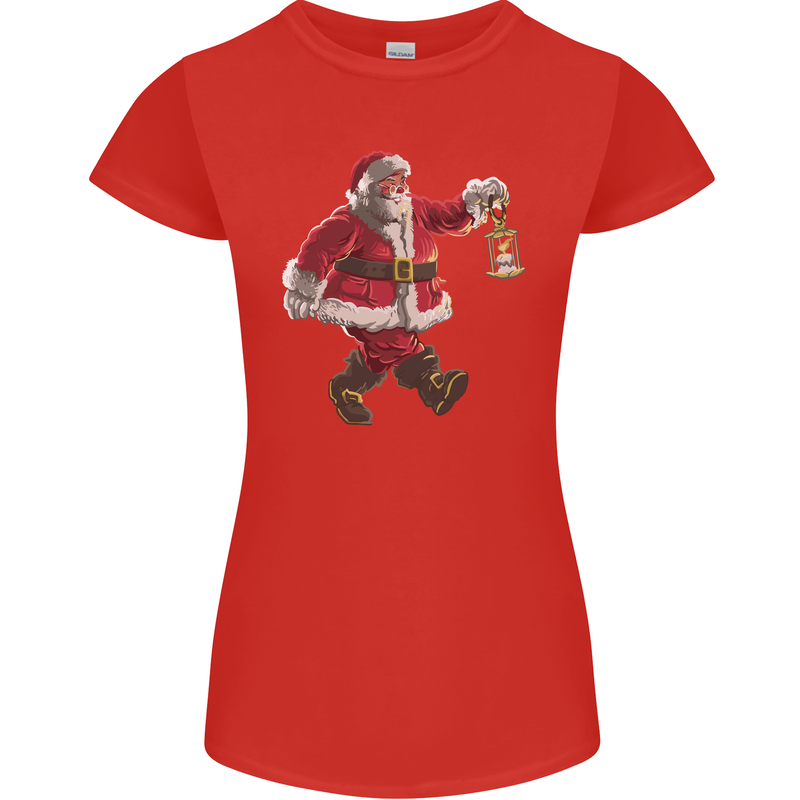 Santa Carrying a Christmas Lantern Xmas Womens Petite Cut T-Shirt Red