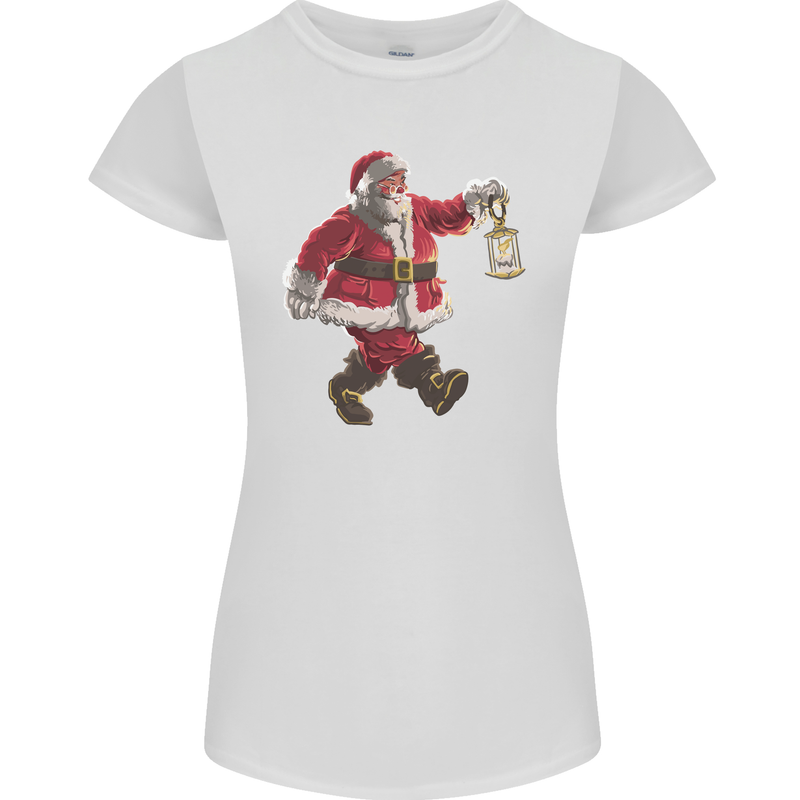 Santa Carrying a Christmas Lantern Xmas Womens Petite Cut T-Shirt White