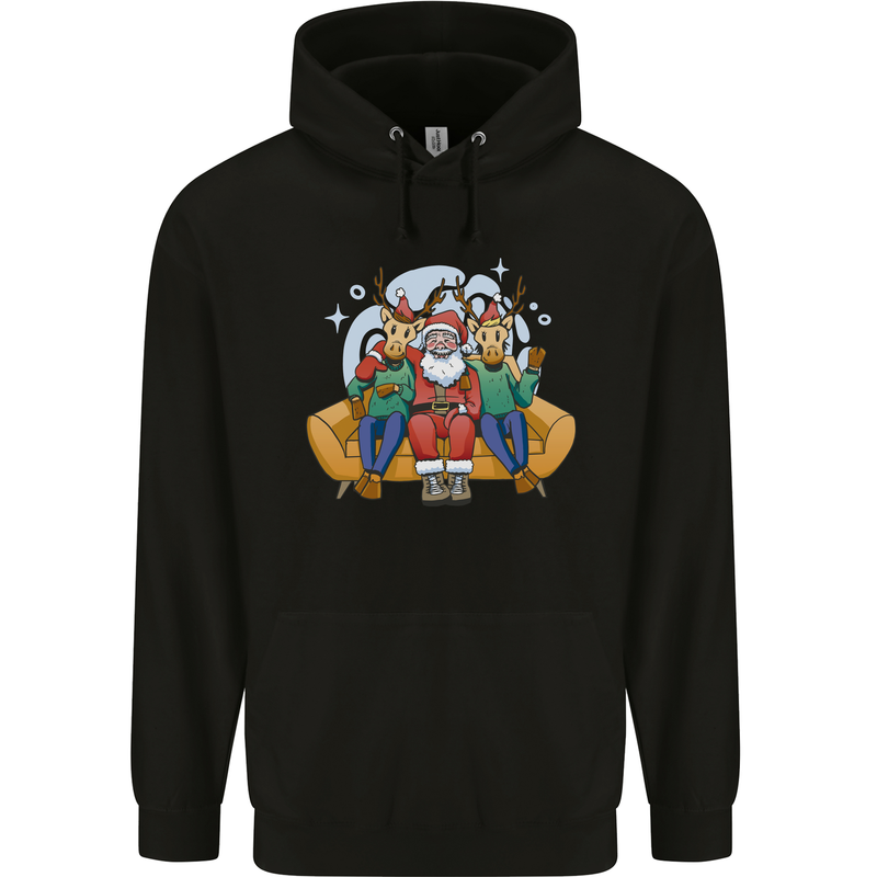 Santa Claus Chilling With Reindeers Christmas Xmas Childrens Kids Hoodie Black
