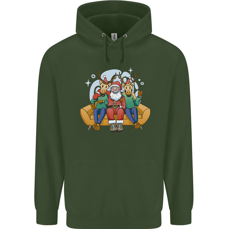 Santa Claus Chilling With Reindeers Christmas Xmas Childrens Kids Hoodie Forest Green