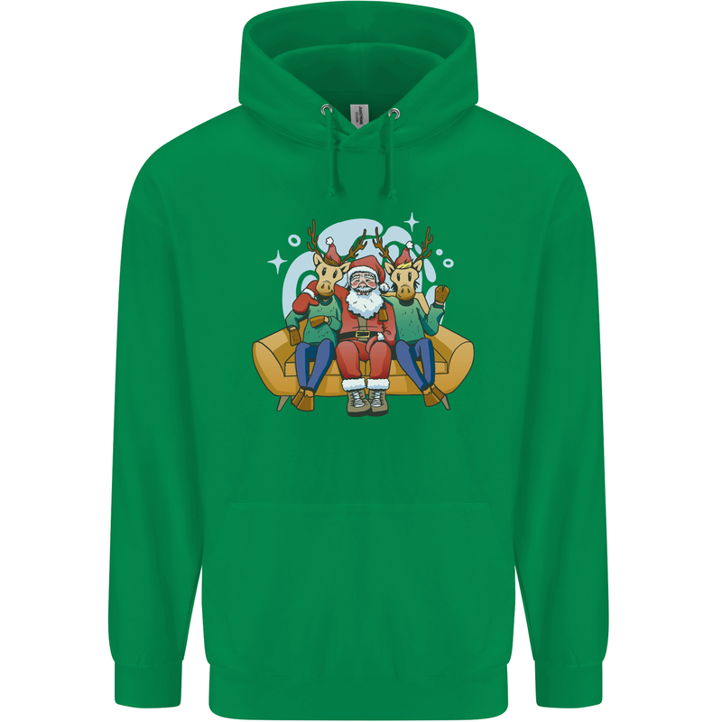 Santa Claus Chilling With Reindeers Christmas Xmas Childrens Kids Hoodie Irish Green
