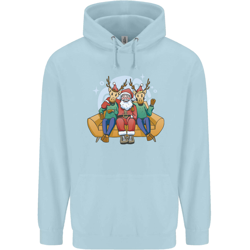 Santa Claus Chilling With Reindeers Christmas Xmas Childrens Kids Hoodie Light Blue