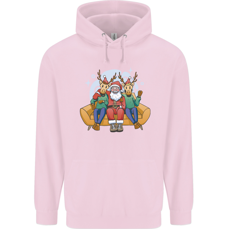 Santa Claus Chilling With Reindeers Christmas Xmas Childrens Kids Hoodie Light Pink