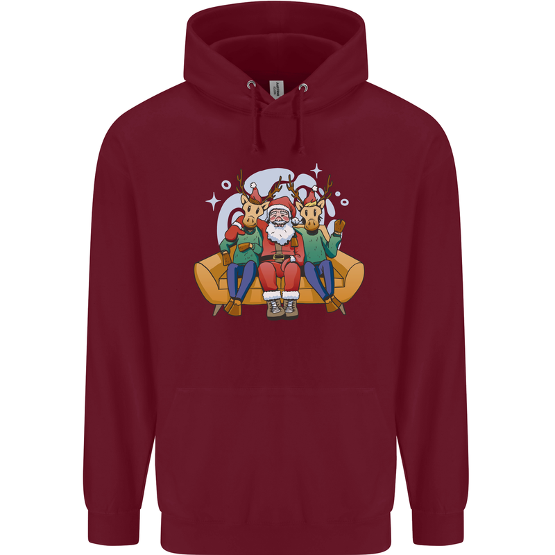 Santa Claus Chilling With Reindeers Christmas Xmas Childrens Kids Hoodie Maroon