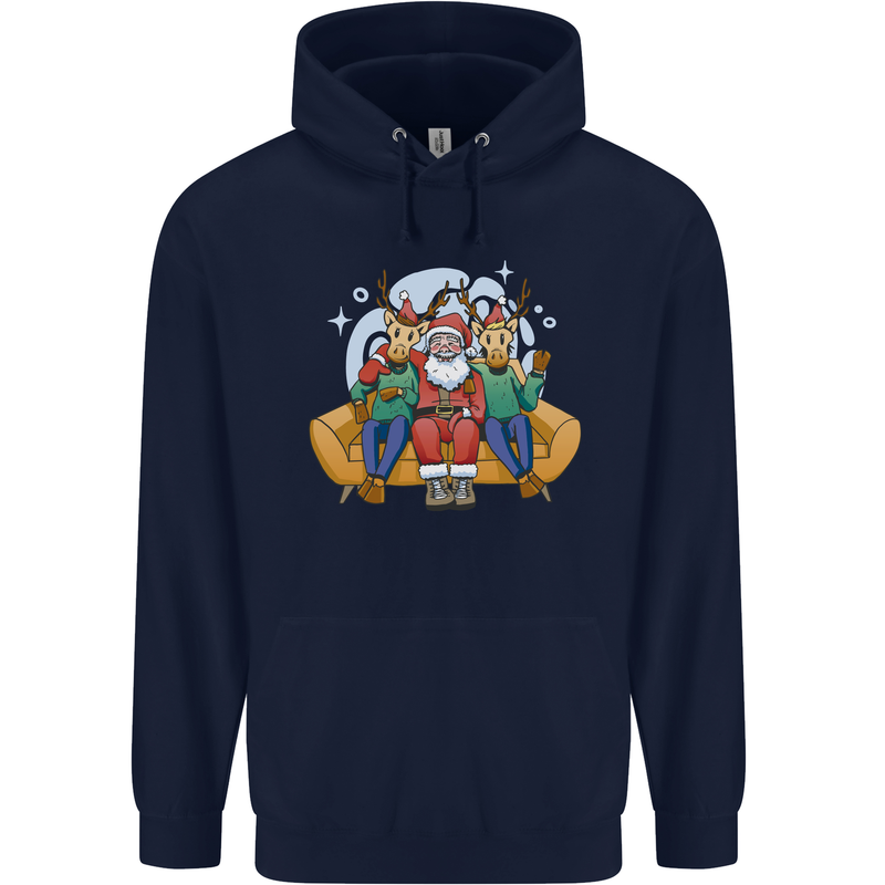 Santa Claus Chilling With Reindeers Christmas Xmas Childrens Kids Hoodie Navy Blue