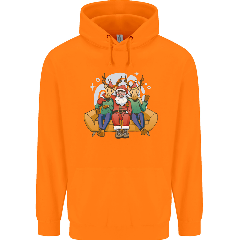 Santa Claus Chilling With Reindeers Christmas Xmas Childrens Kids Hoodie Orange