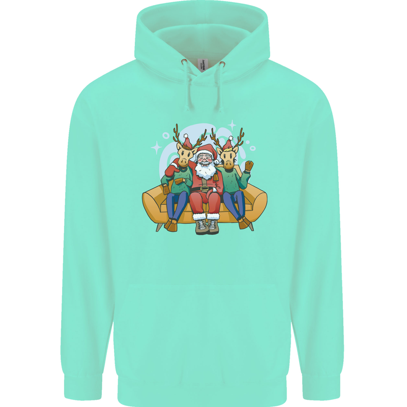 Santa Claus Chilling With Reindeers Christmas Xmas Childrens Kids Hoodie Peppermint